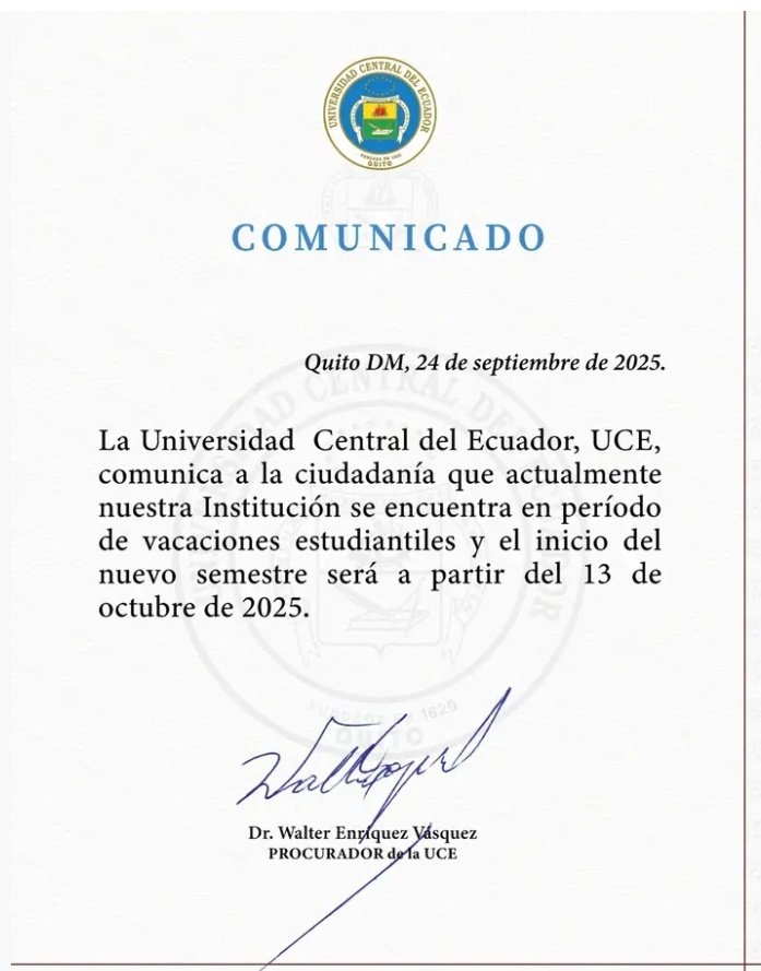 Patricio Espinosa
¿Cuál es su postura frente las políticas económicas del gobierno de Noboa? Esa clase de comunicados son los que esperamos los miles de estudiantes que recorremos las aulas de la Central.

El silencio es complicidad.