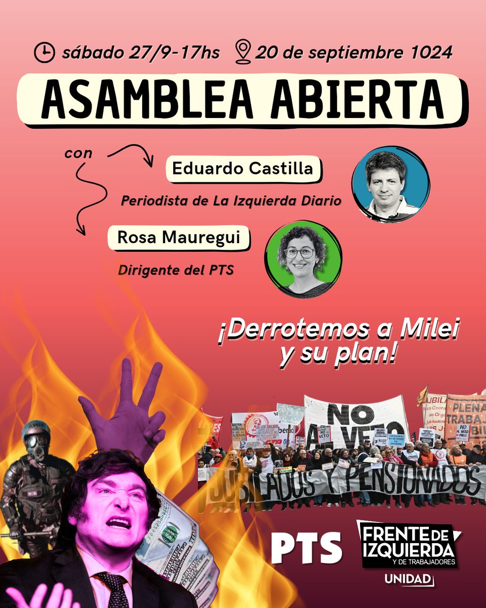 PTSmdq's tweet photo. Crisis, ajuste, coimas, represión. ¿Como enfrentamos el plan de Mieli, Caputo y el Fondo? Este sábado, venite a la asamblea abierta para organizarnos y pelear. Participan @castillaeduardo, periodista de @izquierdadiario y @rosa_maure, referente marplatense del @Fte_Izquierda. https://t.co/gpqUF6EwEF