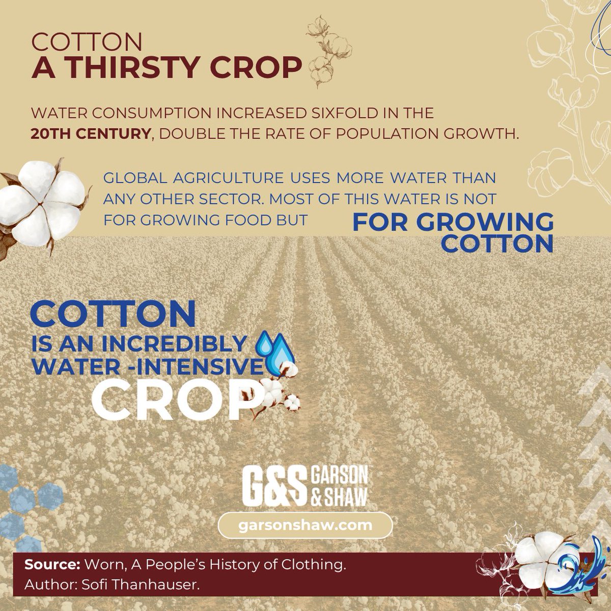 🌍💧 Did you know agriculture is the world’s biggest water user? 
And most of that water isn’t even for food — it’s for cotton. 
Cotton is a thirsty crop, putting pressure on our planet’s resources. Choosing reuse helps save water. 
#ReduceCottonConsumption #GarsonShaw