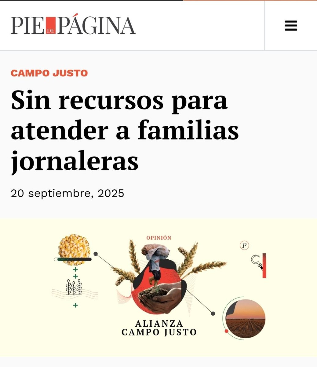 #Artículo ✍️🏾

"Sin recursos para atender a familias jornaleras"

Por Arelhí Galicia

Presupuesto 2026 ignora por completo a familias jornaleras, incumpliendo promesas de campaña y el Plan Nacional de Desarrollo. 

piedepagina.mx/sin-recursos-p…