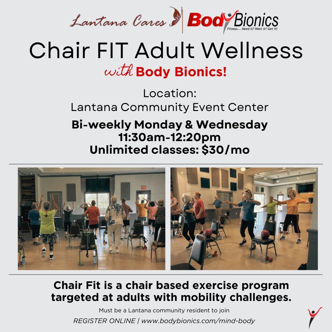 TPickett's tweet photo. Register for Lantana Cares Chair Fit as part of the Mind &amp; Body group fitness classes!🪑 Chair Fit can help ✅increase mobility ✅ core strength &amp; balance ✅ improve motor skills &amp; memory + so much more! Offered Bi-weekly Mondays &amp; Wednesdays. #TeamBionics #HealthIsWealth #Fit https://t.co/ISzcdk0ZW9