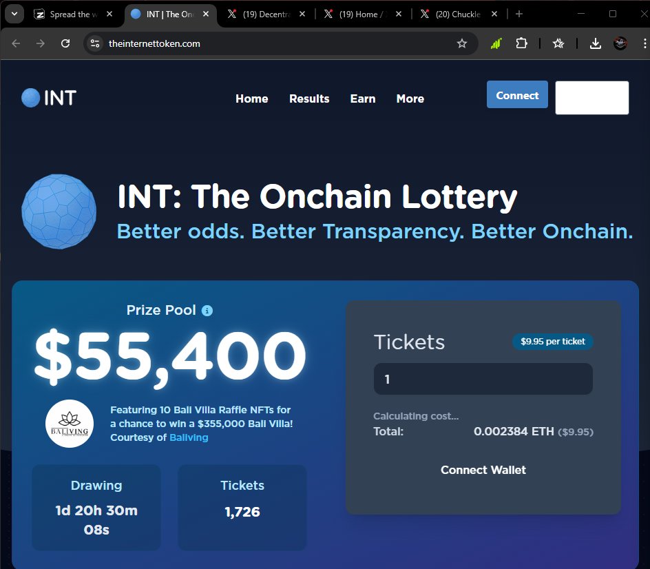 decentrlizedwrd's tweet image. GM WEB 3
Have you seen what @internet_token is building? 🚀
The on-chain lottery is changing how we think about fun, fairness &amp;amp; finance. #INTERNETTOKEN $INT
