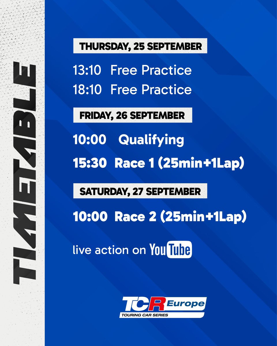 🇪🇸 Barcelona, here we go!
The grand finale of the 2025 #TCREurope season at Circuit de Barcelona-Catalunya 🔥

4.657 km • 16 turns • Sunshine all weekend ☀️
An epic showdown awaits 🏆

📺 Live on YouTube and <a href="/DAZN_ES/">DAZN España</a> 

#SeasonFinale #TouringCars #Motorsport