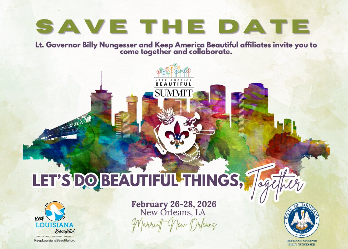 LouisianaLtGov's tweet photo. We can’t wait to showcase the spirit of Louisiana hospitality while uniting affiliates and partners from across the nation right here in our great state.
More info ➡️ https://t.co/5D0q5aAxie
#KeepAmericaBeautiful #KeepLouisianaBeautiful #NOLA2026 #CleanGreenBeautiful https://t.co/1e0cEcMTKj