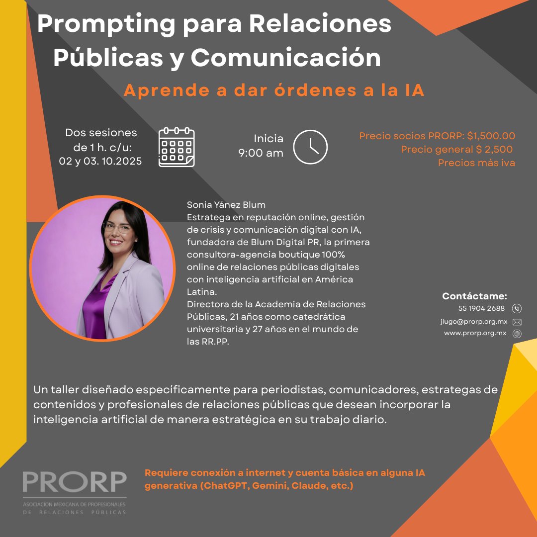 Un taller intensivo, diseñado específicamente para periodistas, comunicadores, estrategas de contenidos y profesionales de relaciones públicas.

Prompting para Relaciones Públicas y Comunicación:
¡¡¡Inscribete ya!!!
Informes en jlugo@prorp.org.mx o llama al 55 1904 2688
