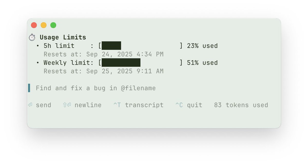 embirico's tweet image. Codex CLI v0.41 now shows usage limits and reset times ⏱️
Run /status to check.
Keep the feedback feedback coming—we're still early in figuring out the best way to share compute.