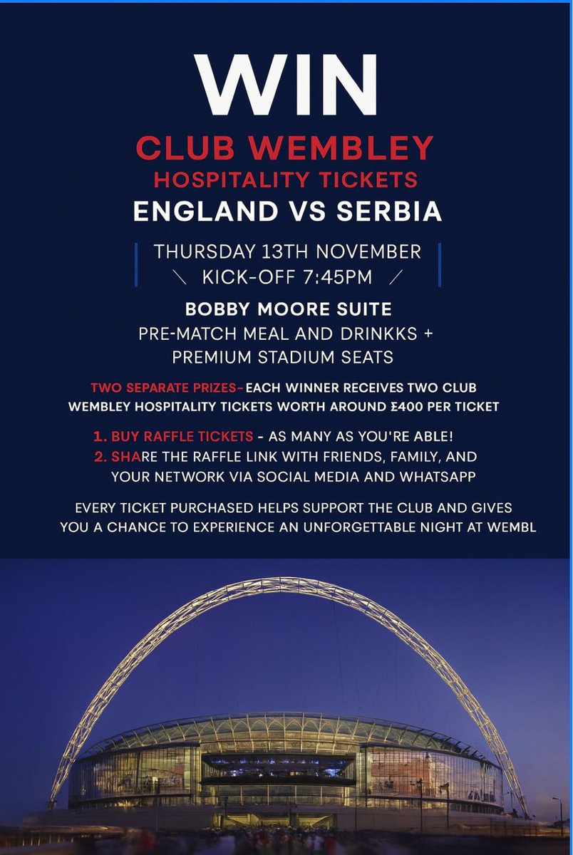 gantrycranes's tweet image. We need your help! Please buy a raffle ticket for a chance to win #clubWembley tickets and support  @Alcester_WF 

Please share. 🙏

It's a great prize help support the clubs development. 
A £10 ticket could win you entry to
@EnglidsAway #englandfans #win

raffall.com/397627/enter-r…