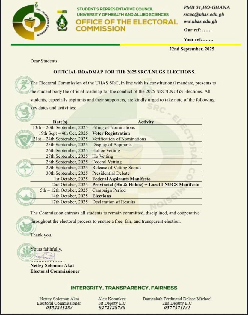 uhas__src's tweet image. 📍OFFICIAL ROADMAP FOR THE 2025 SRC/LNUGS ELECTIONS
Kindly take some time to read through the key dates and their corresponding activities.
Thank you.