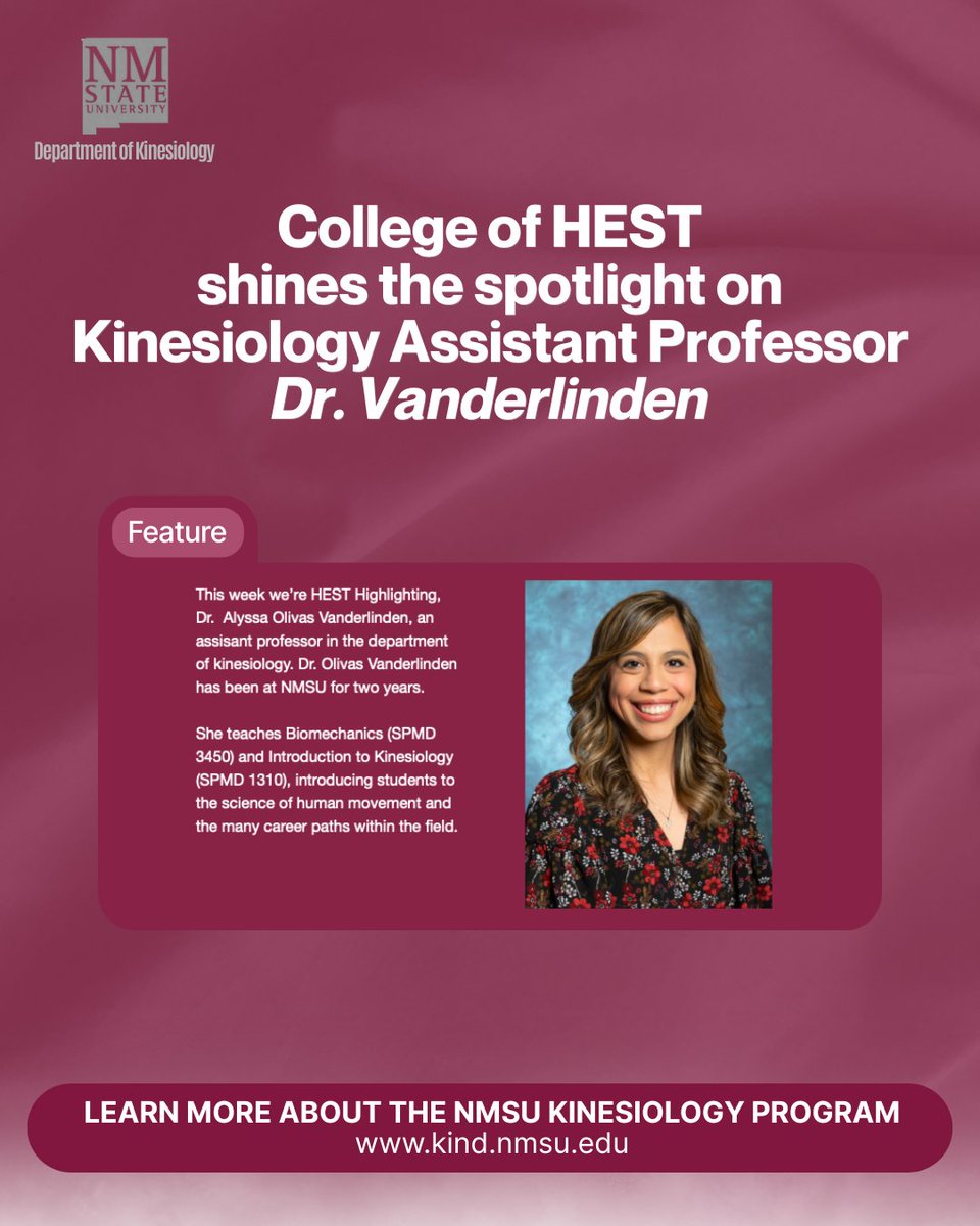 🌟 Spotlight 🌟 Dr. Alyssa Vanderlinden featured in HEST Happenings for her research, teaching &amp; work with the NMSU Autism Diagnostic Center! 💡🙌 Proud to have her as our biomechanics expert 💪 #NMSUKinesiology #Biomechanics #FacultySpotlight