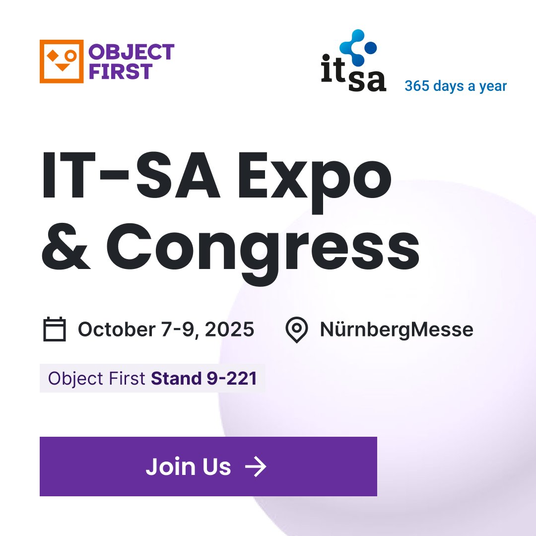 object_first's tweet image. Object First is proud to sponsor IT-SA Expo & Congress! We’ll have a speaking session on “Immutable Backups – The Key to Data Security” and how #ZeroTrust helps organizations build resilience against modern threats.
🔗 bit.ly/3CbmupU