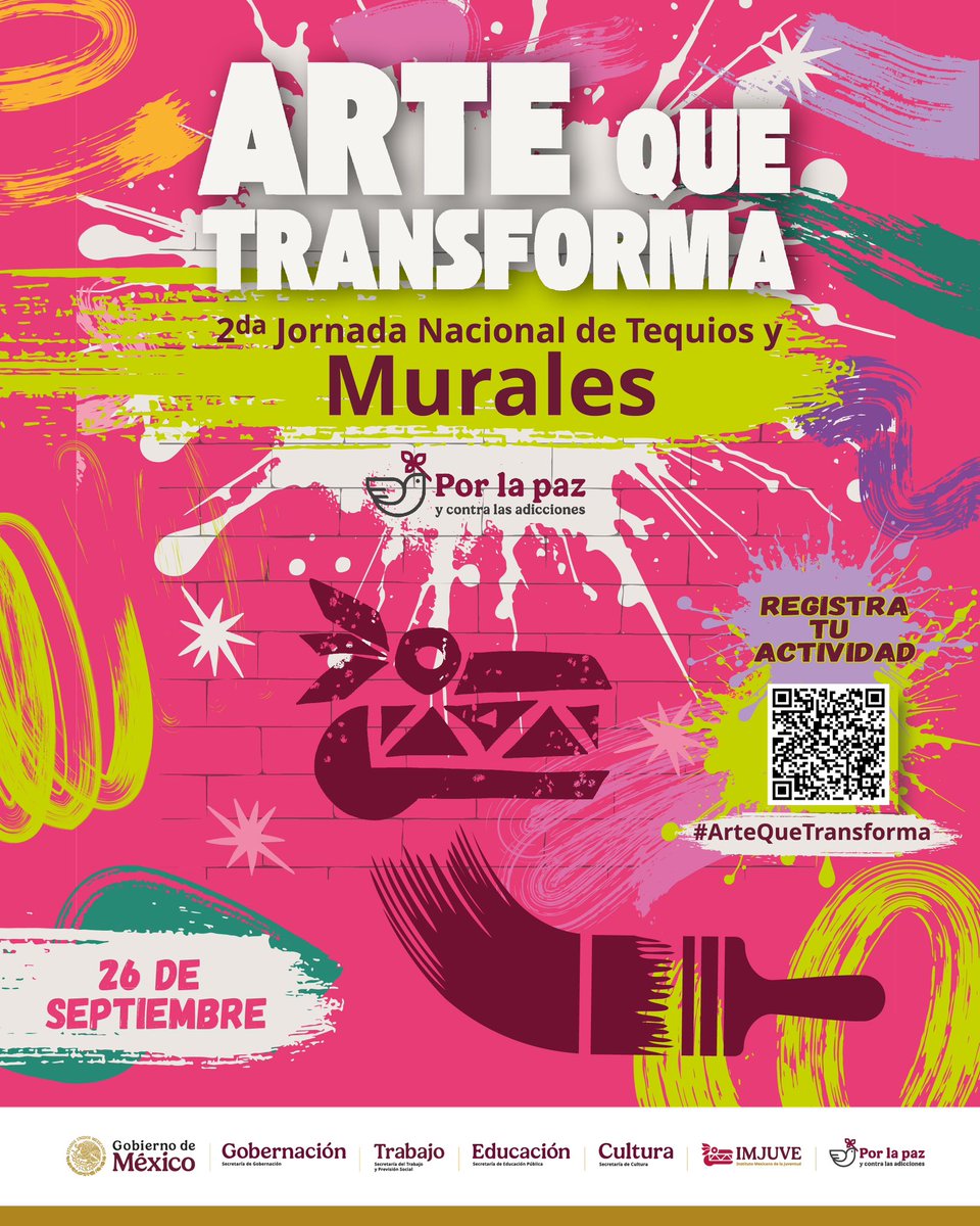 🌟 ¡Juventudes que pintan y transforman México!

El próximo 26 de septiembre, la Segunda Jornada Nacional de Tequios y Murales Por La Paz y Contra las Adicciones llenará de color y comunidad cada rincón del país. 🎨