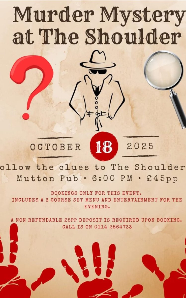 Looking forward to our Murder Mystery evening!
Not long to go now 🔍🫆🕵️
👉 Bookings only ... Reserve your table by calling us on  0114 2864733