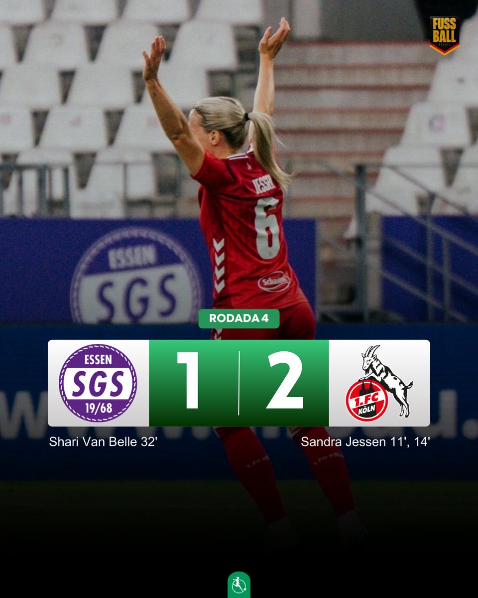FussballBR's tweet photo. 👱‍♀️🇩🇪 𝗖𝗢𝗠 𝗗𝗢𝗜𝗦 𝗗𝗘 𝗝𝗘𝗦𝗦𝗘𝗡, 𝗘𝗙𝗙𝗭𝗘𝗛 𝗩𝗘𝗡𝗖𝗘 𝗔 𝗣𝗥𝗜𝗠𝗘𝗜𝗥𝗔 𝗡𝗔 𝗟𝗜𝗚𝗔!

Após três rodadas, o 1. FC Köln desencantou! Jogando fora de casa, a equipe de Britta Carlson venceu o SGS Essen por 2 a 1, com dois gols de Sandra #Jessen (30)na primeira etapa, em jogo válido pela quarta rodada da #DieLiga.

#SGSKOE