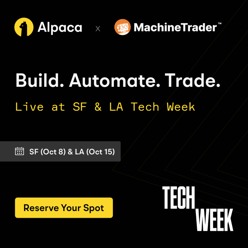 AlpacaHQ's tweet photo. 🚀 Join MachineTrader &amp; Alpaca at Tech Week:
- SF (Oct 8) &amp; LA (Oct 15)
- Live algo builds (no Python)
- Hands-on trading via Alpaca MCP Server w/ natural language &amp; APIs
- 90-day MachineTrader sub free!