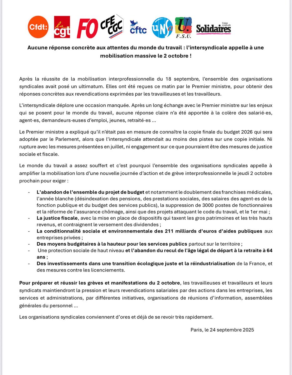 Pour le dire en mots simples … une « rupture » vers plus de justice sociale et fiscale est attendue.. le 2 octobre en grève pour que la balance penche du bon côté !🩵