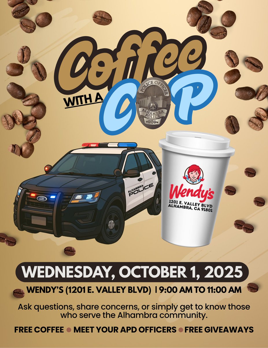 🚔☕ Join your APD on National Coffee with a Cop Day - October 1, 2025, 9AM-11AM! Connect with your local APD Officers over a cup of hot or iced coffee generously provided by Wendy’s (1201 E. Valley Blvd.) 

We’ll have free giveaways &amp; Pink Patch merch for sale. See you there! 🙌
