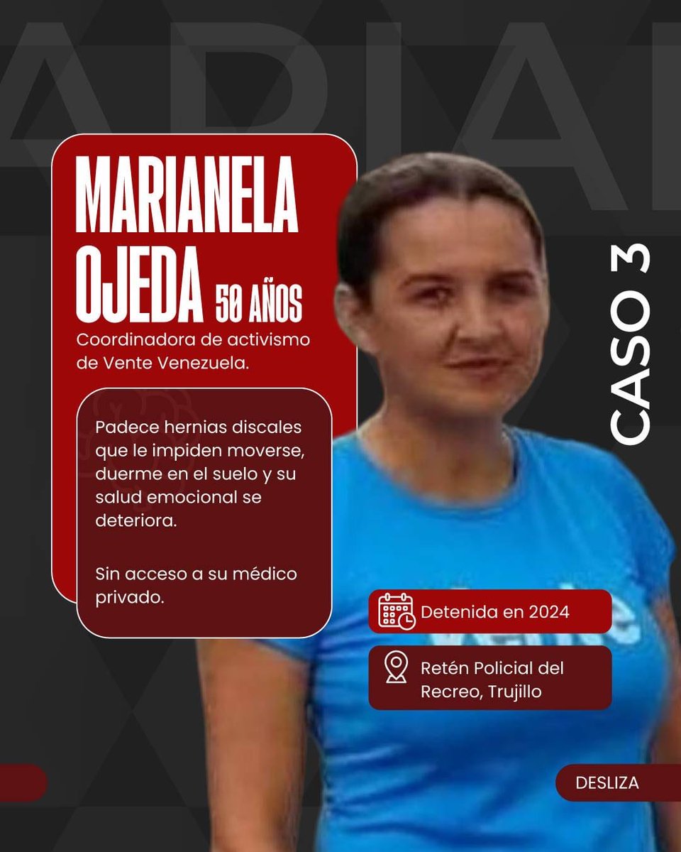 🚨 El régimen está poniendo en riesgo la vida de presos políticos enfermos.

⚠️ Perkins Rocha, Juan Iriarte y Marianela Ojeda enfrentan condiciones críticas sin acceso a atención médica. Es inhumano e ilegal.

🆘 ¡Basta de tortura! Exigimos su libertad y atención urgente.