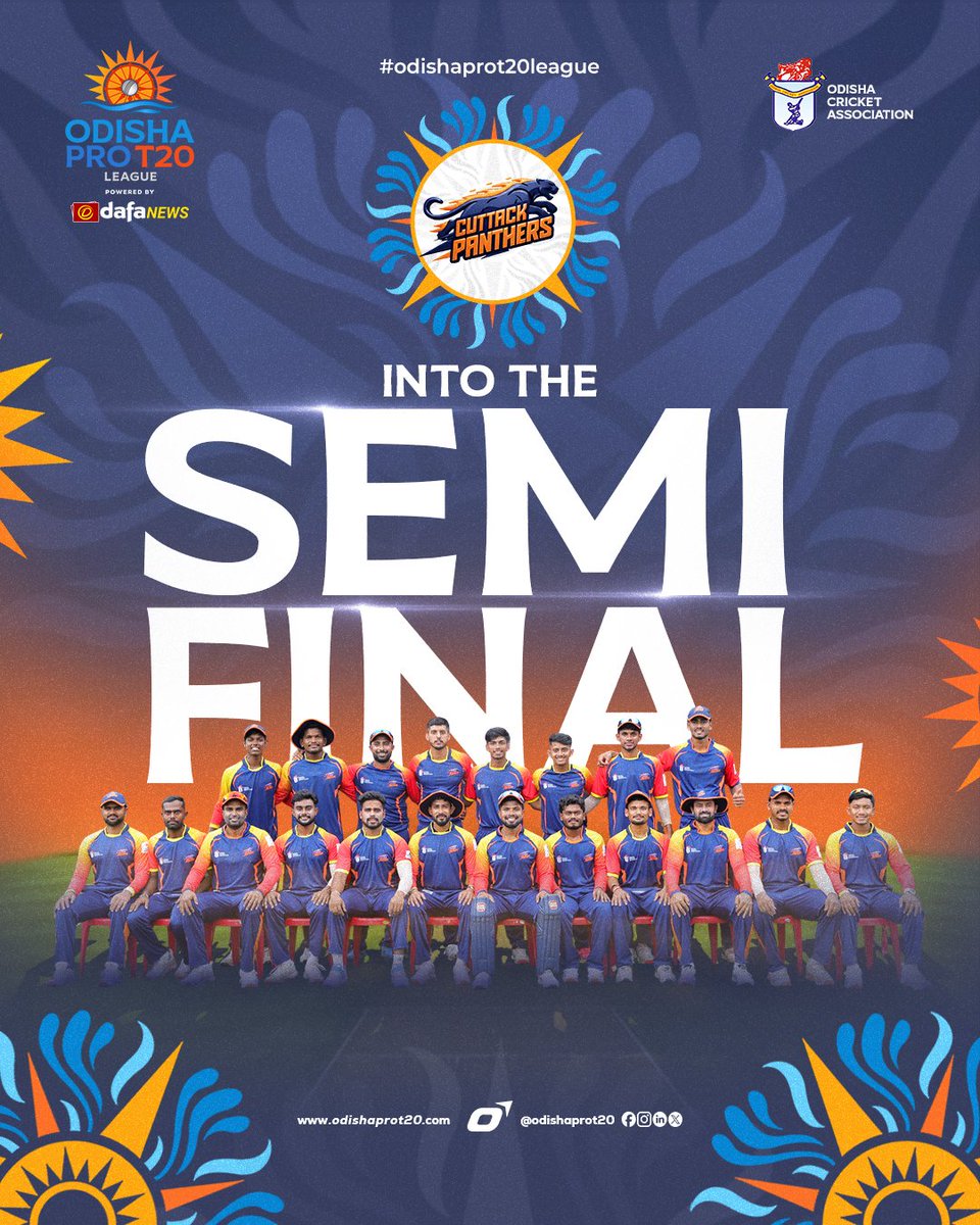 OdishaProT20's tweet photo. The Panthers are on the prowl!

Ferocious, fearless, and full of fight, Cuttack Panthers have booked their ticket to the SEMIS.
Will their hunt end with the championship trophy? 

#CuttackPanthers #OPTL #SemiFinals #PanthersUnleashed https://t.co/sBnV5sjCyd
