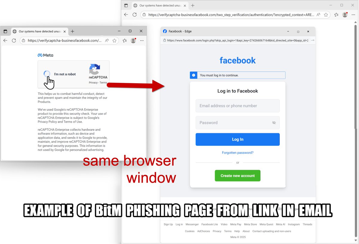Unit42_Intel's tweet image. A #phishing campaign active as early as April 2025 uses Browser-in-the-Middle (#BitM) pages to impersonate Facebook login sites. URLs are distributed through fake copyright violation notices. We continue to find new indicators for this activity. Details at bit.ly/3W6lUnD