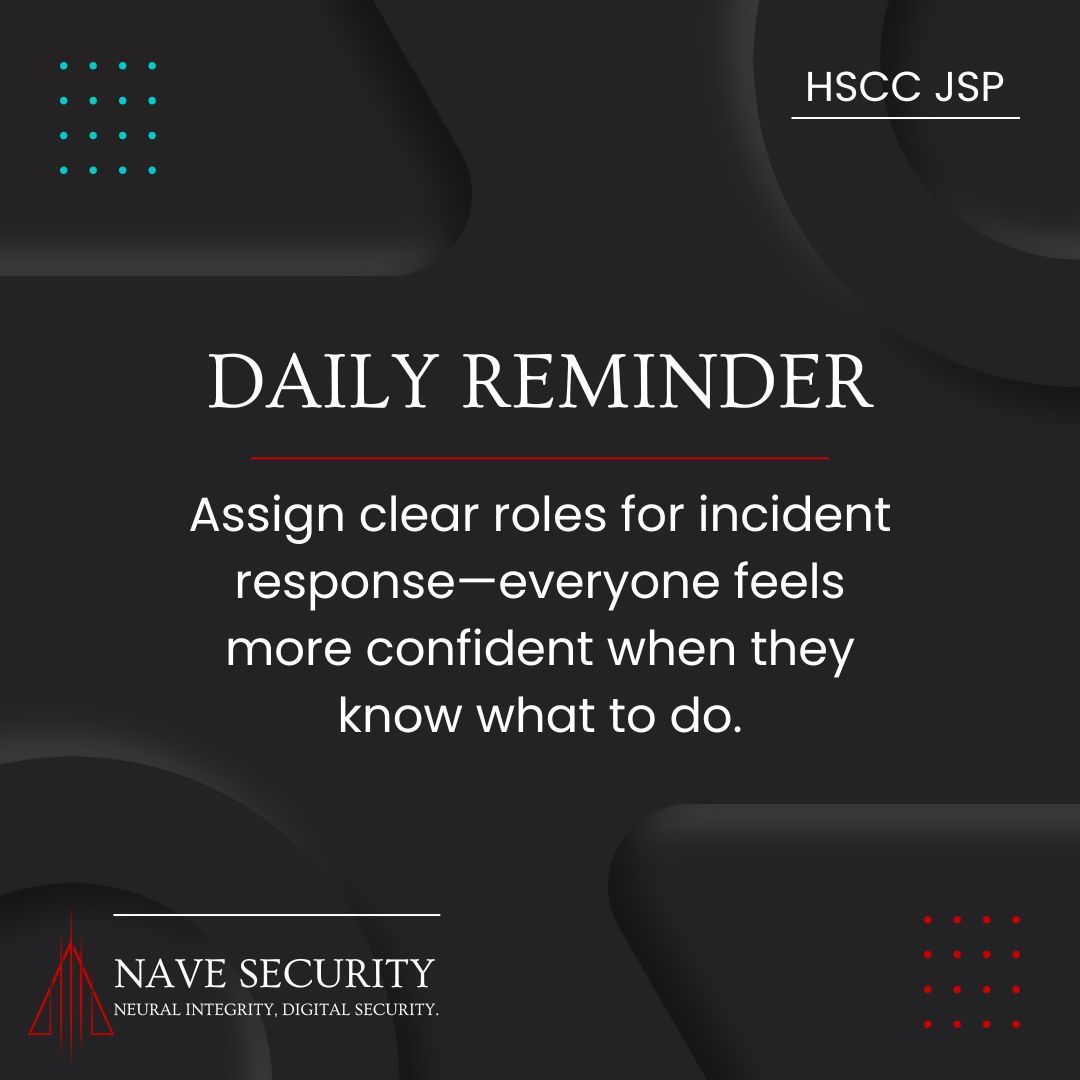 NaveSecurity's tweet image. 🛡️ Assign clear incident response roles for your team. Confidence grows when everyone knows their part. Rely on Nave Security and HSCC JSP guidelines. 👩💼🩺

#HSCCJSP #Cybersecurity #IncidentResponse #MedTech #NaveSecurity