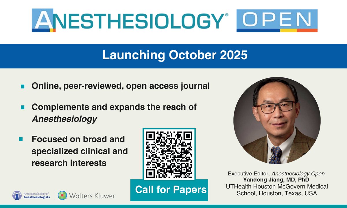 1 week until launch! Anesthesiology Open is a new peer-reviewed, open access journal led by Executive Editor Yandong Jiang that expands the opportunities for scientific exchange offered by Anesthesiology. The submission site opens on October 1. Learn more: ow.ly/ghOu50X1tOv