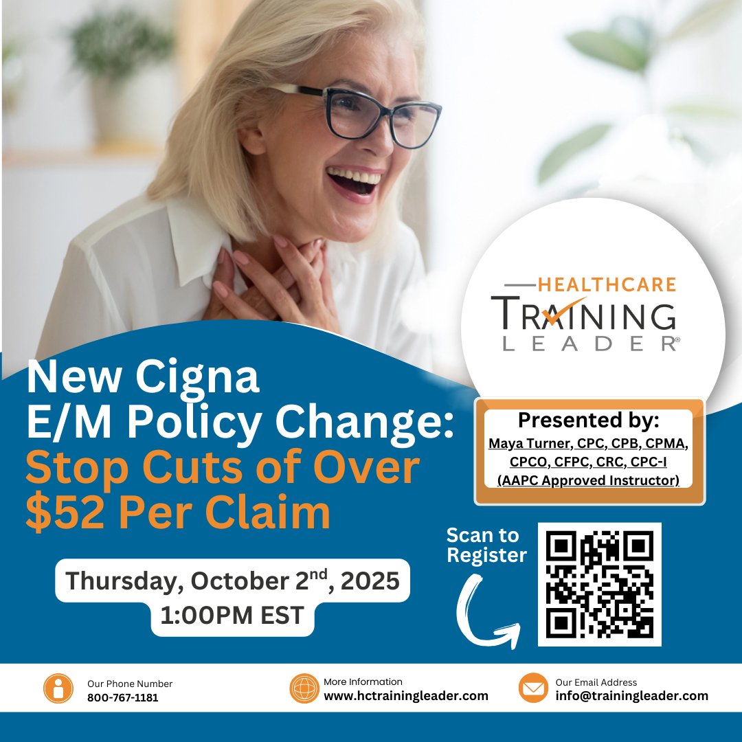 Are you ready for the New Cigna E/M Policy Change that could slash over $52 per claim from your revenue?

Join us for an exclusive webinar. Register today and protect your revenue! hubs.ly/Q03KSCWf0

#CignaPolicy #HealthcareRevenue #ProtectYourBottomLine