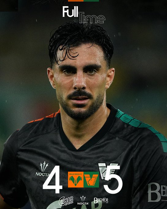 A man with dark hair and a beard, wearing a black Venezia FC soccer jersey with green and orange accents. The jersey has logos including "NOCITA" and "BEDEER." Text overlays show "Full Time" at the top, and "4-5" with penalty shootout graphics in the center.