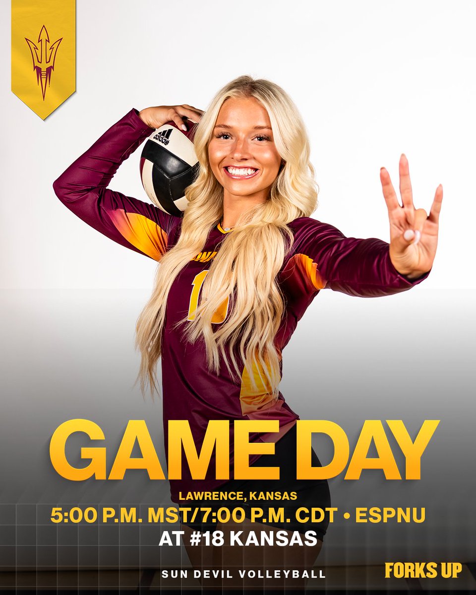 SunDevilVB's tweet image. Conference play starts TODAY! 😈

🆚 at No. 18 Kansas
⏰ 5 p.m. MST 
📍 Lawrence, Kansas
📺 ESPNU
🔗 linktr.ee/sundevilvb

#ForksUp