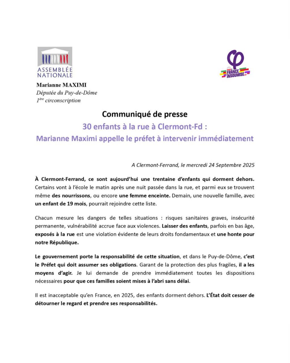 Il y a urgence, 30 enfants sont à la rue à Clermont-Fd ! J'interpelle le <a href="/Prefet63/">Préfet du Puy-de-Dôme</a> ⤵️