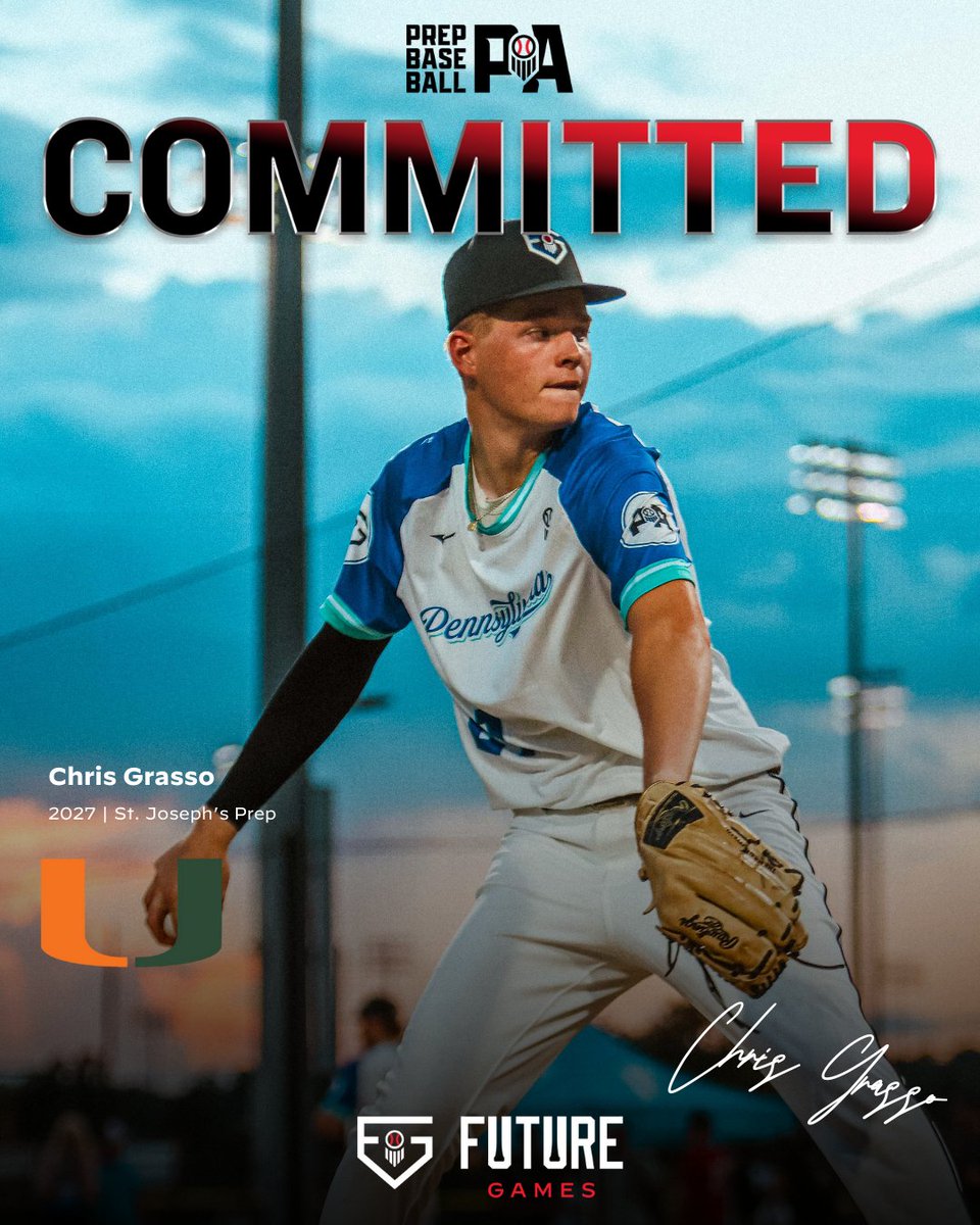 🌟𝔽𝕦𝕥𝕦𝕣𝕖 𝔾𝕒𝕞𝕖𝕤 ℂ𝕠𝕞𝕞𝕚𝕥𝕞𝕖𝕟𝕥🌟

2027 RHP Chris Grasso (St. Joseph's Prep) commits to the University of Miami❗

Grasso becomes the 10th member of #TeamPA and the 11th player from Pennsylvania to commit after the #PBFG25.

<a href="/chrissgrasso/">Chris Grasso</a>