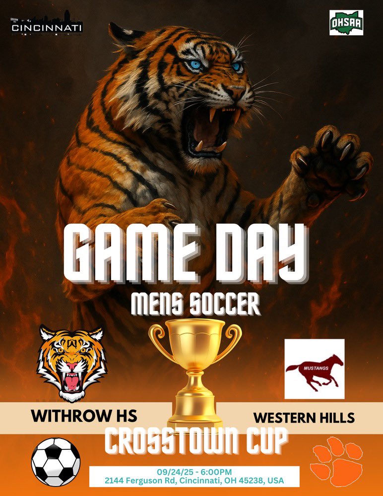 GAMEDAY! Withrow travels to Western Hills tonight. 
📍 Away – Western Hills <a href="/WestHiMustangs/">Western Hills Mustangs Athletics</a> 
⏰ Varsity – 6:00 PM
🏆 <a href="/cmac_sports/">Cincinnati Metro Athletic Conference</a> 

Let’s get after it, Tigers!