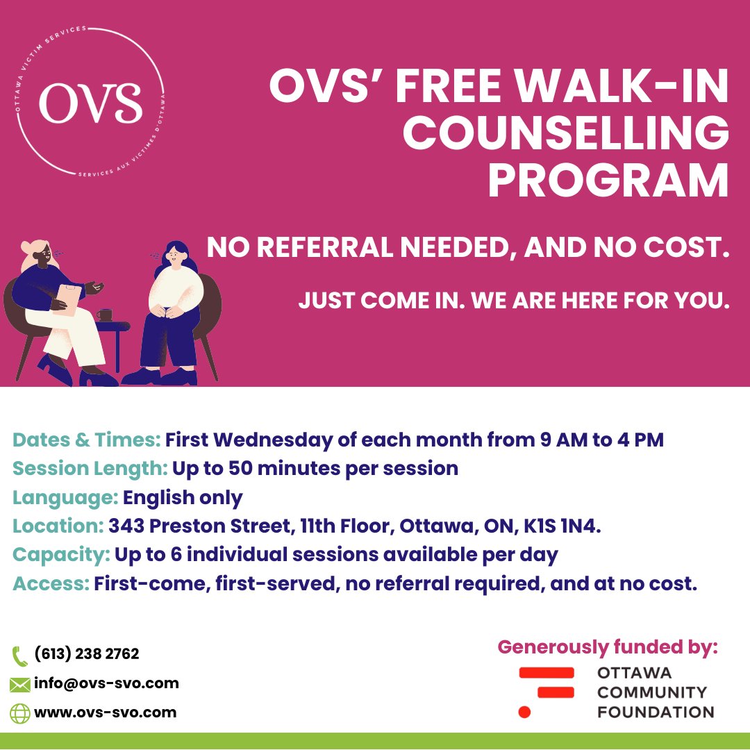 An important reminder that our new monthly walk-in counselling clinic is now up and running for anyone impacted by the aftermath of a crime. Please share amongst your networks or to anyone residing in Ottawa who requires support.