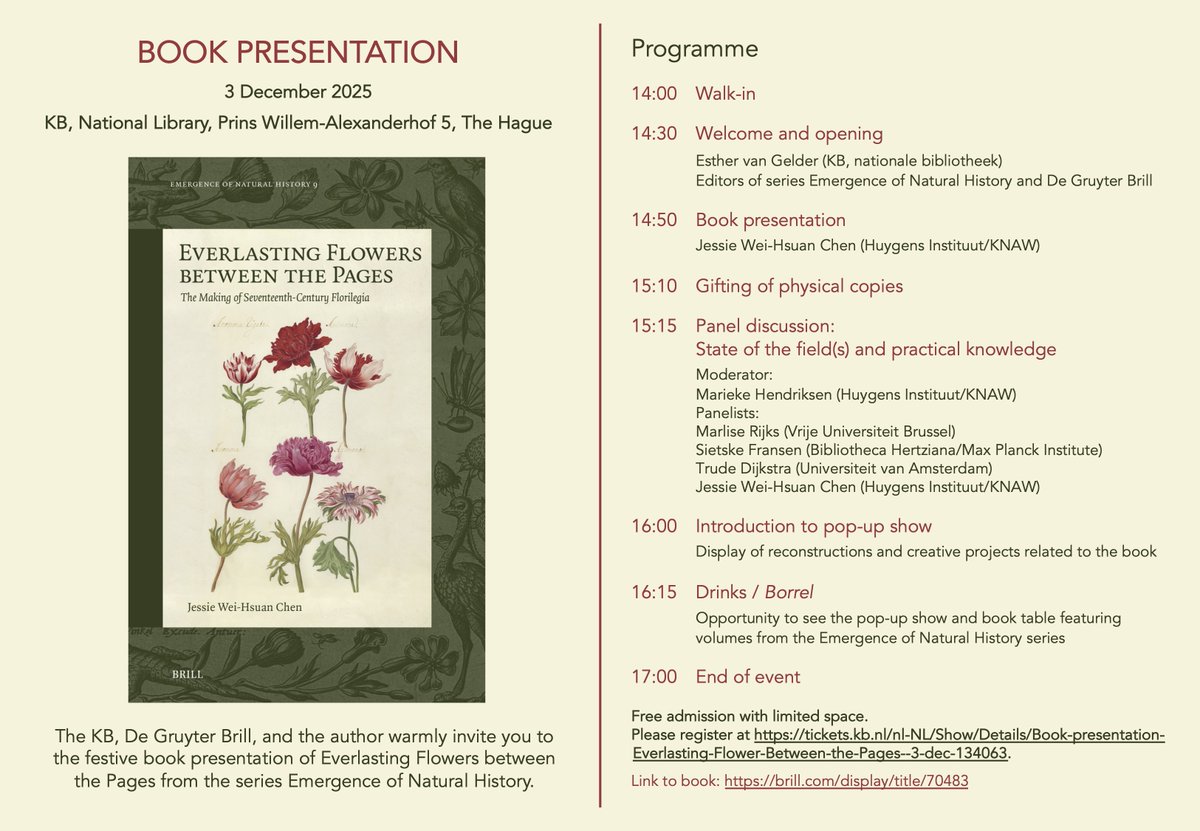 I no longer use this site, but making an exception for this news. My book is out &amp; the digital version is #openaccess! 

📗brill.com/display/title/…🪻

Book presentation takes place @ the KB, The Hague, on 3 December. All welcome! To register: tickets.kb.nl/nl-NL/Show/Det….

#HistNatHist