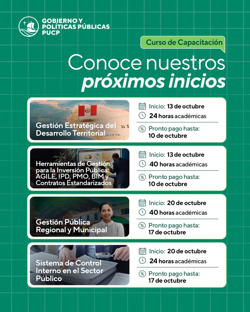 🎓 ¡Sigue creciendo profesionalmente!
En octubre iniciamos nuevos cursos de capacitación en la Escuela de Gobierno y Políticas Públicas PUCP.
🔗 Inscríbete aquí: gobierno.pucp.edu.pe/programas-acad…

#PUCP #GestiónPública #Capacitación