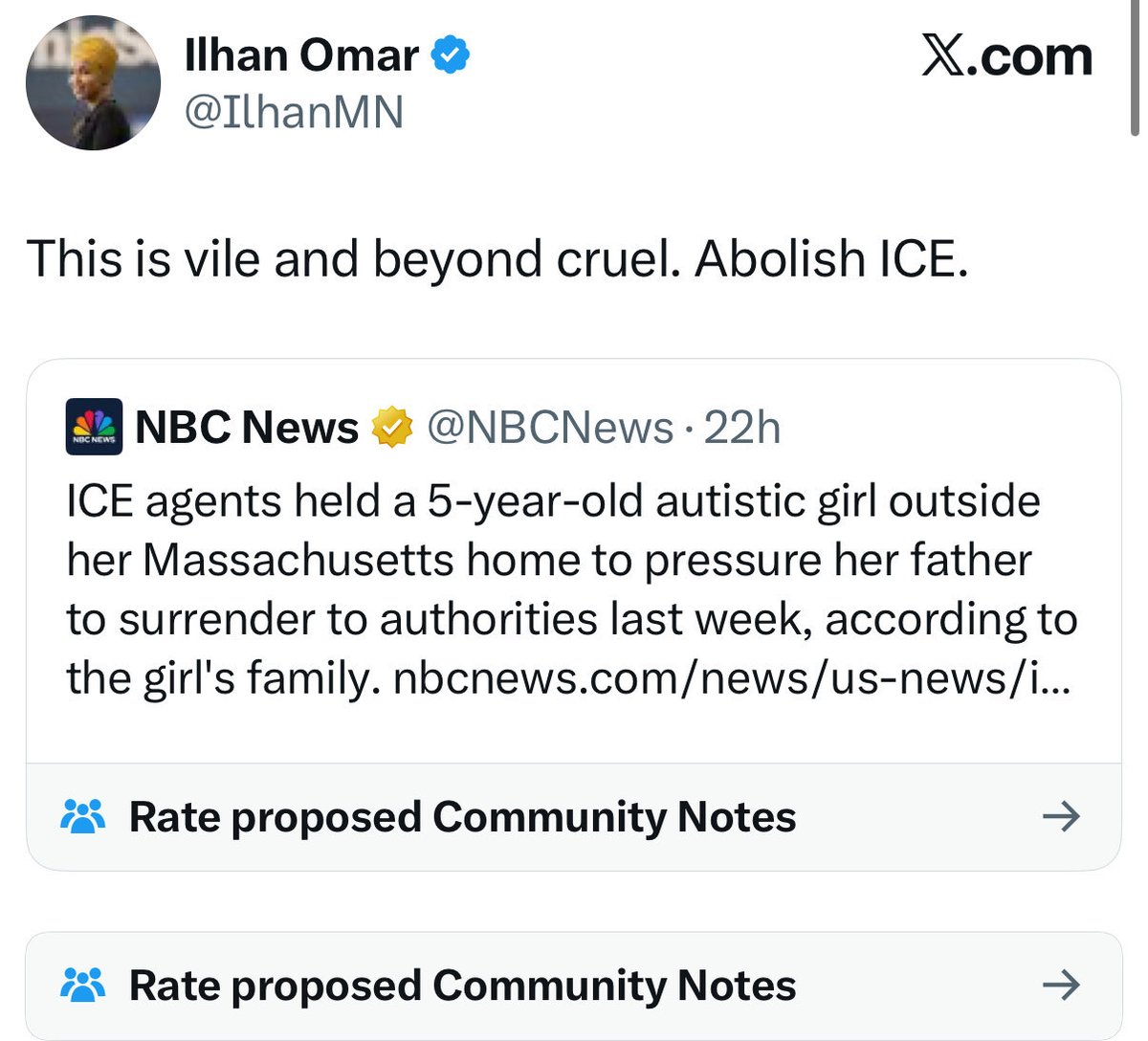 Ilhan Omar: “Abolish ICE.”
NBC: Retracts fake story.

Reality: Violence against ICE agents is up 1000%. Snipers, bombs, threats. Omar’s rhetoric isn’t just vile, it’s putting American lives at risk.