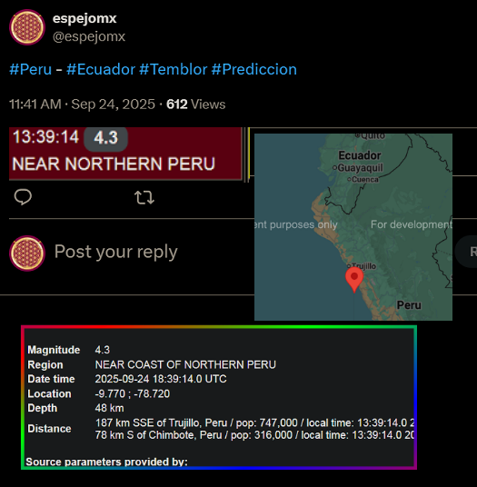 #Temblor en #Perú que acabo de predecir. Hoy no existe otro sistema de predicción en el mundo capaz de lograr esto. Ciencia hecha en México 🇲🇽✨