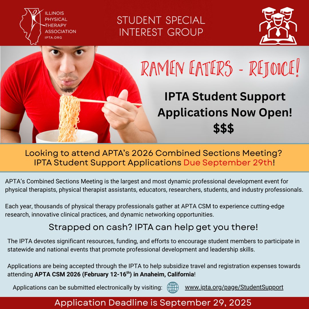 Only TWO DAYS left to submit your applications! Deadline for Student Support applications is Sept. 29th.
Student members can apply for $$ to help subsidize travel and registration costs towards attending APTA's 2026 CSM Meeting. 
Learn more and apply: ipta.org/page/StudentSu…