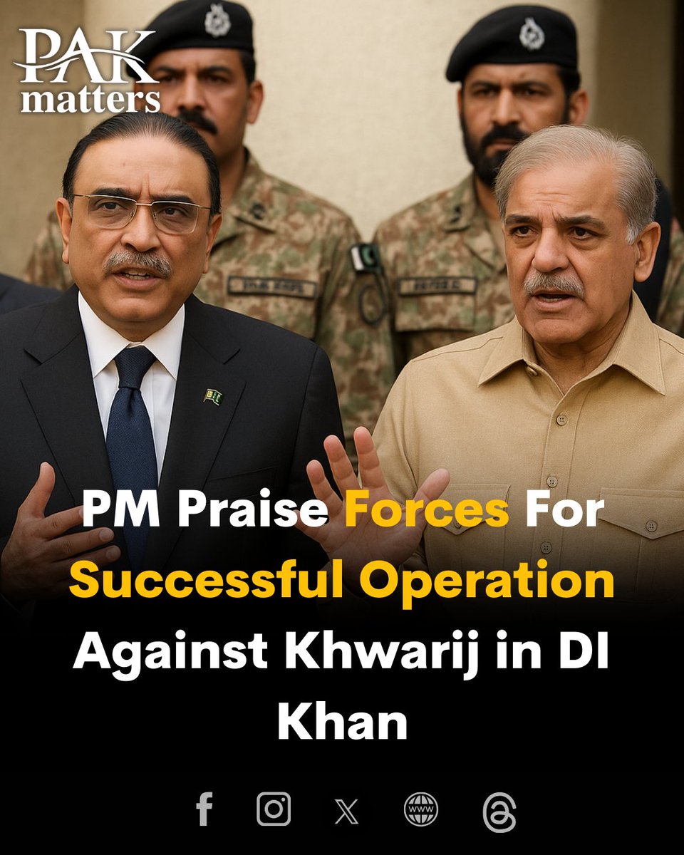 PakMattersLive's tweet photo. President Zardari &amp; PM Shehbaz praise security forces for eliminating 13 terrorists in DI Khan’s Daraban.
“Our soldiers’ bravery ensures a peaceful future.” 🙌
#Pakistan #DIKhan #PakArmy #AntiTerrorism https://t.co/7kAXhVETBu