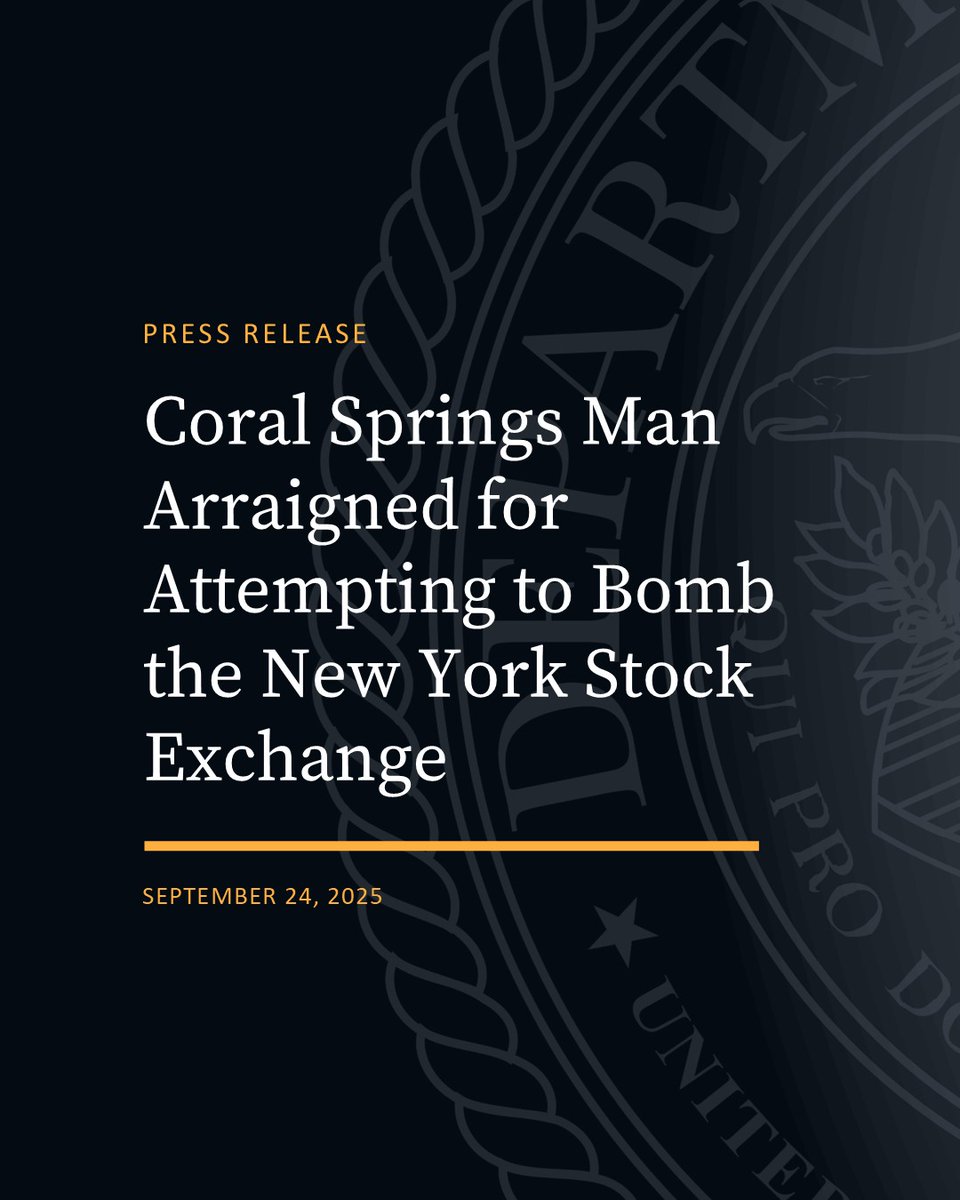 Coral Springs Man Arraigned for Attempting to Bomb the New York Stock Exchange
🔗justice.gov/usao-sdfl/pr/c…

<a href="/FBIMiamiFL/">FBI Miami</a> ,
<a href="/CoralSpringsPD/">Coral Springs Police</a> 
#JointTerrorismTaskForce