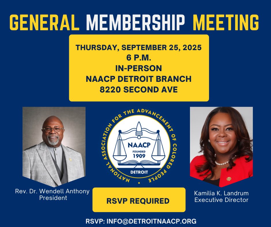 📣 Your voice is needed!

Join us Thurs, Sept 25 at 6 p.m. for our General Membership Meeting at the NAACP Detroit Branch Office.

Free &amp; open to the public. 
RSVP → info@detroitnaacp.org

#DetroitNAACP #JoinGetActiveStayEngaged