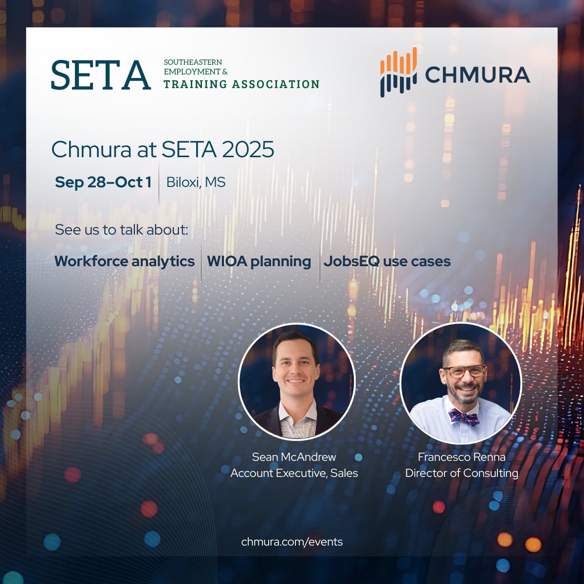 See you at SETA 2025 at Beau Rivage, Biloxi, Sep 28–Oct 1. Meet Chmura’s Sean McAndrew, Account Executive, Sales and Dr. Francesco Renna, Director of Consulting. We’ll share how organizations use JobsEQ to size talent pools, design sector strategies.