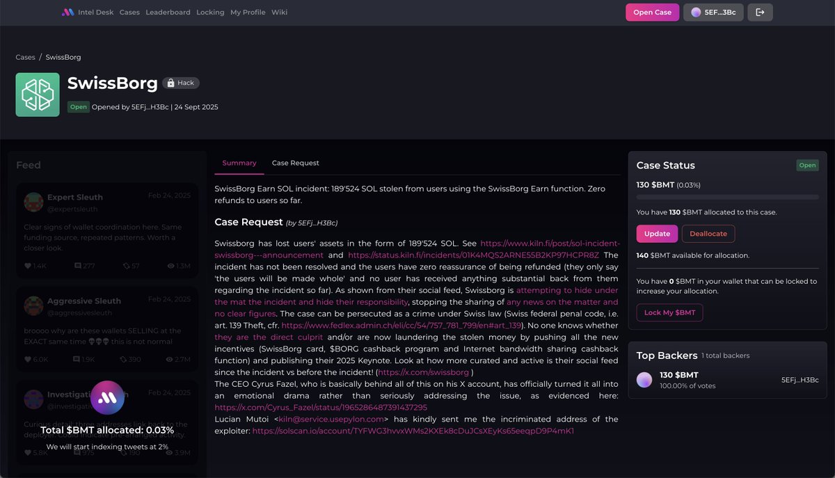 ciaodejan's tweet image. SwissBorg Earn SOL incident: 189&apos;524 SOL stolen from users using the SwissBorg Earn function. Reported on:
intel.bubblemaps.io/cases/58/swiss…