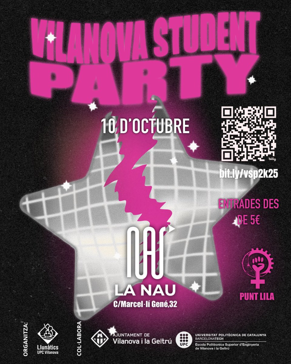 ⭐️Ja és aquí la Vilanova Student Party 2025!!!⭐️

Aquest any vindrem carregats de bling bling i purpurina💋🪩

La festa és oberta a tothom! Vine a fer pinya a la pista🌟💄💫
