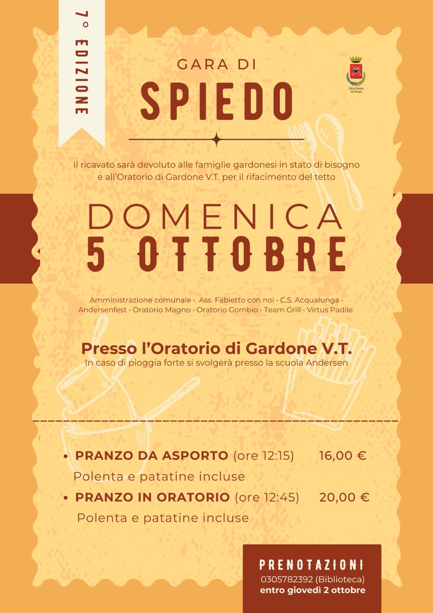 RudyFrassi's tweet image. Pronti per la gara più prelibata dell&apos;autunno! 
*Domenica 5 ottobre* *Gara di spiedo* presso l&apos;Oratorio di Gardone.
Prenotazioni tassativamente entro le 12 del 2 Ottobre al 0305782392
Per chi lo mangia in loco compresi anche il bere ed il dolce!!!