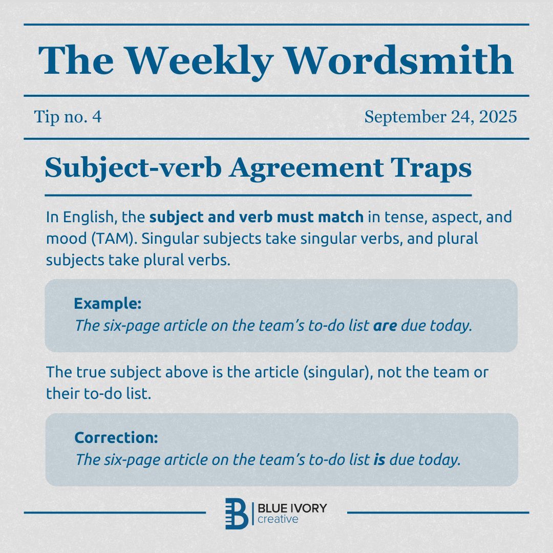 BIvoryCreative's tweet image. Today’s #WeeklyWordsmith post is all about subject–verb agreement! Or wait… is it “are all about”? 🤔 Either way, mix them up and your sentence falls apart. 👀 

#grammar #contentmarketing #copywriting
