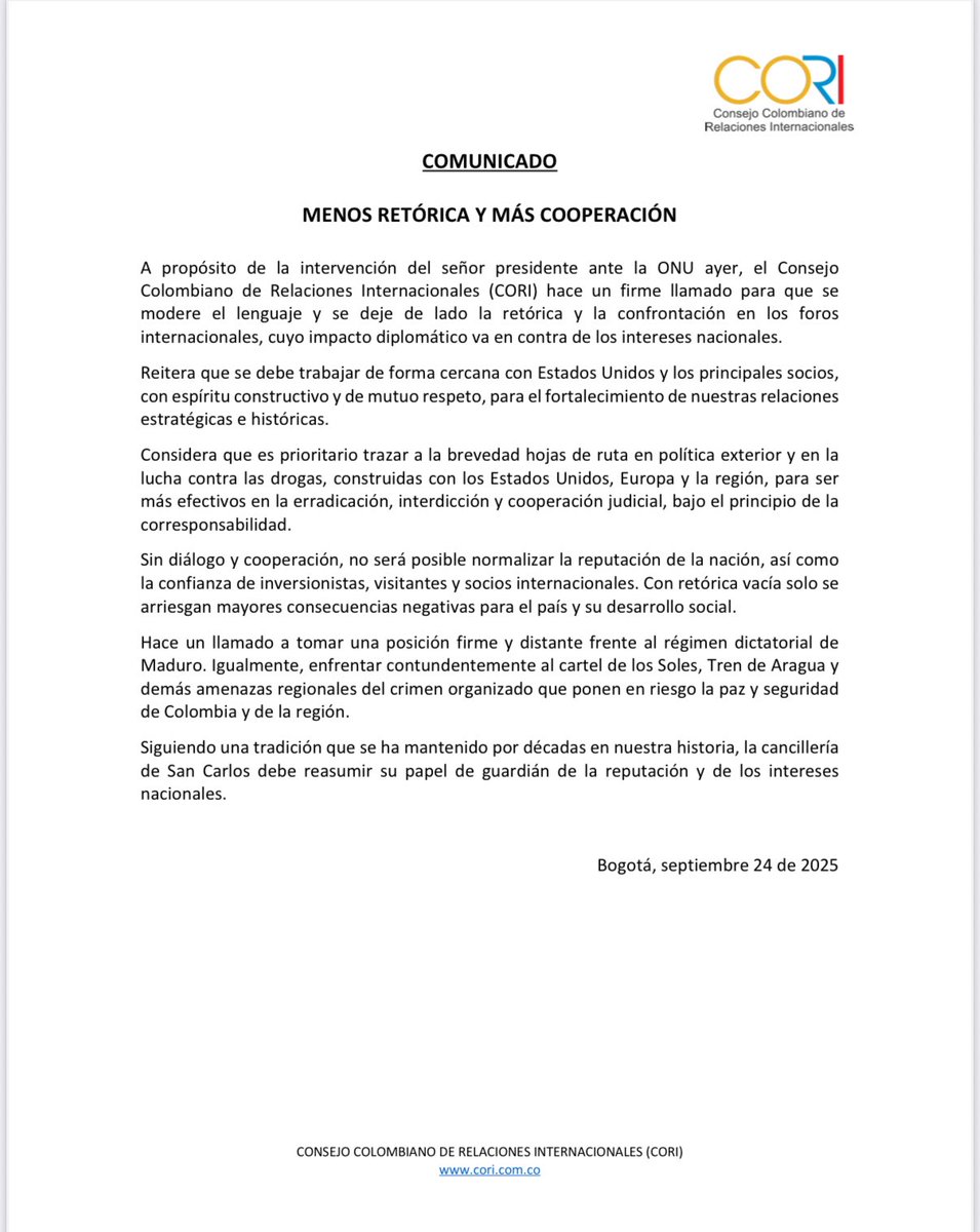 Compartimos el comunicado del Consejo Colombiano de Relaciones Internacionales (CORI) sobre la intervención del presidente Petro en el debate general de la Asamblea de la ONU 2025. <a href="/GFernandezdeSot/">G Fernandez de Soto</a> <a href="/patriciajaniot/">Patricia Janiot</a> <a href="/JoseMAcevedo/">José Manuel Acevedo</a> <a href="/andrebernal26/">Andrea Bernal</a> <a href="/cristinacastrop/">Cristina Castro</a> <a href="/YesidLancheros/">Yesid Lancheros</a>