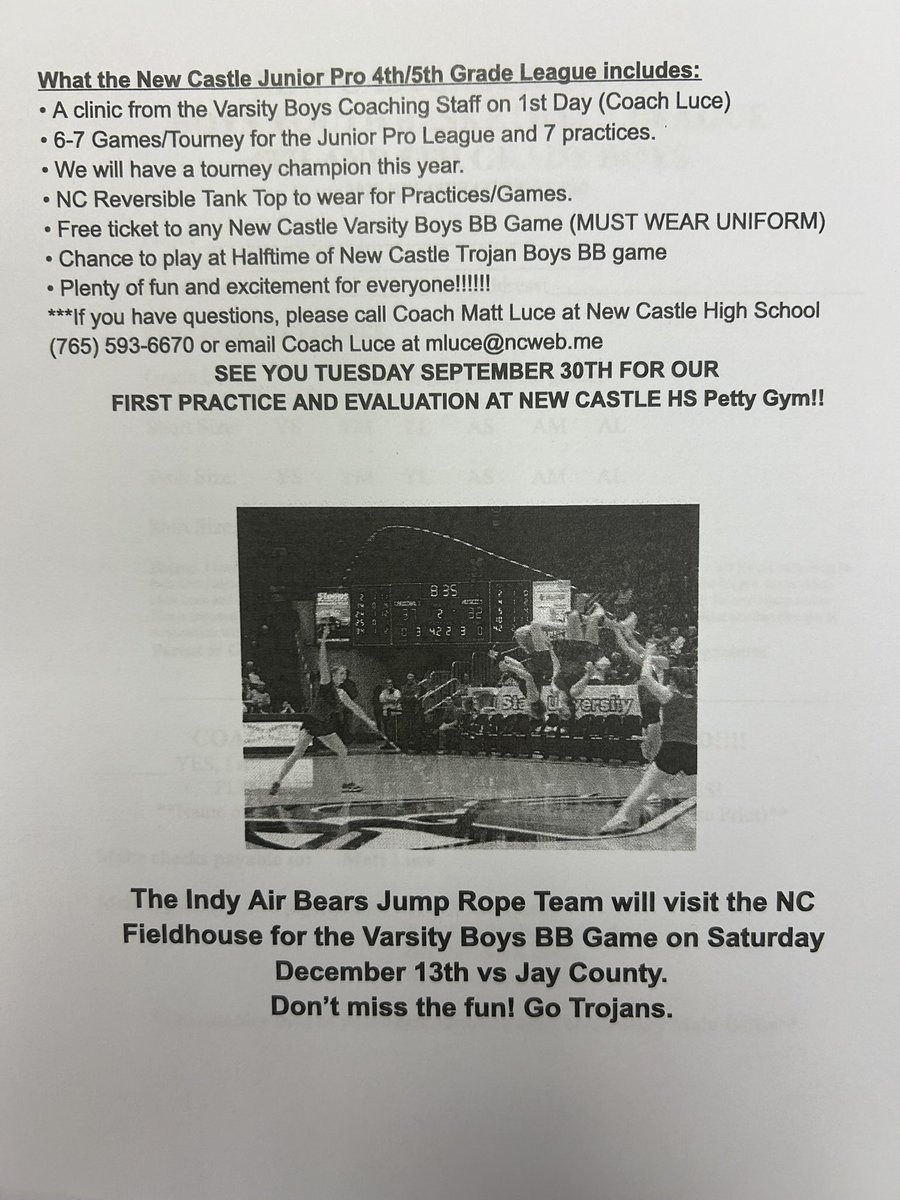 NC 4th/5th Grade Boys interested in learning the game of Hoops need to signup by Friday September 26th. Forms can be turned into your school office or mailed to Coach Luce. You can also signup at the Petty Gym on Tuesday Sept 30th 6pm. Go Trojans! <a href="/NCCSCIndiana/">NCCSC New Castle Schools Indiana</a>  <a href="/NCTrojans/">New Castle Trojans</a>