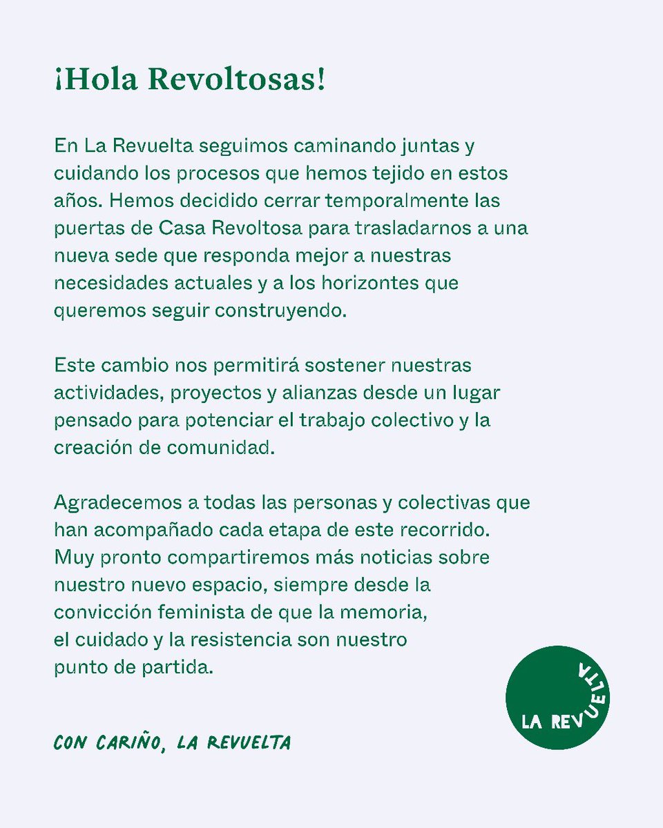 En La Revuelta creemos en los cambios como parte de nuestro crecimiento colectivo. Por eso, Casa Revoltosa cierra temporalmente sus puertas para dar paso a una nueva sede que nos permitirá seguir creando, cuidando y resistiendo desde la fuerza de la comunidad. ❤️‍🔥🌸