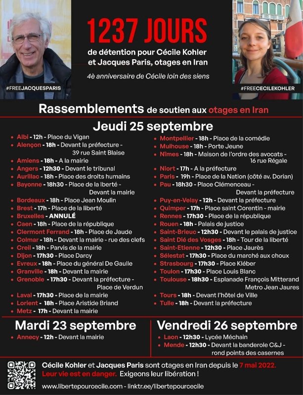 BEREST Claire (@claireberest) on Twitter photo BREST : RASSEMBLEMENT POUR CÉCILE KOHLER ET JACQUES PARIS, PLACE DE LA LIBERTÉ JEUDI 25 SEPTEMBRE À 17h. BREST : RASSEMBLEMENT POUR CÉCILE KOHLER ET JACQUES PARIS, PLACE DE LA LIBERTÉ JEUDI 25 SEPTEMBRE À 17h.