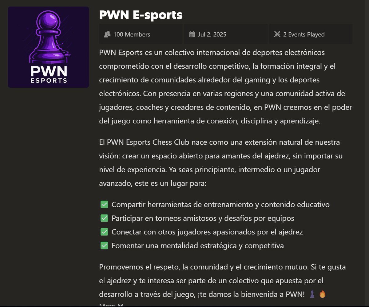 ColectivoPwn's tweet image. 🎉♟️ ¡Llegamos a 100 miembros en el Club de Ajedrez de PWN! 🚀
Ya somos uno de los clubes más activos de la plataforma 🙌🔥
Se vienen torneos internos, dinámicas y mucho más 💙
#PWN #Chess #Ajedrez #Gaming #Esports